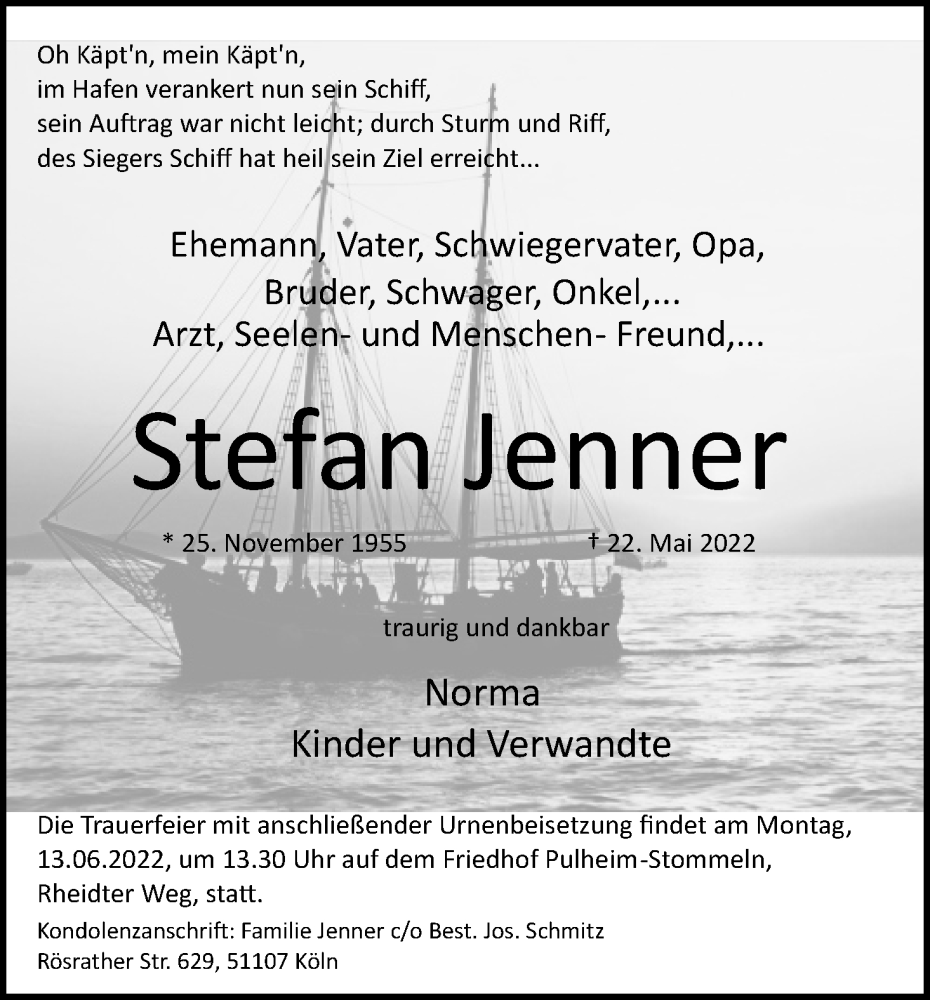  Traueranzeige für Stefan Jenner vom 04.06.2022 aus Kölner Stadt-Anzeiger / Kölnische Rundschau / Express