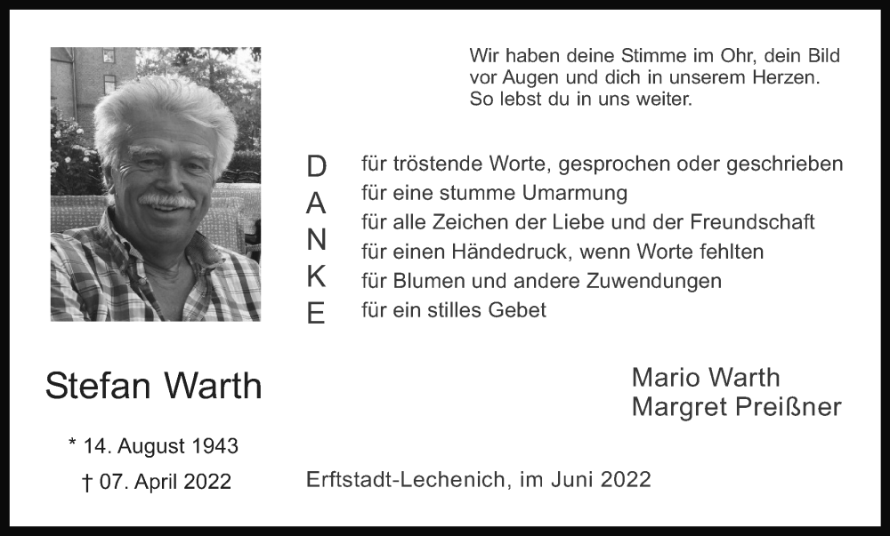  Traueranzeige für Stefan Warth vom 11.06.2022 aus Kölner Stadt-Anzeiger / Kölnische Rundschau / Express