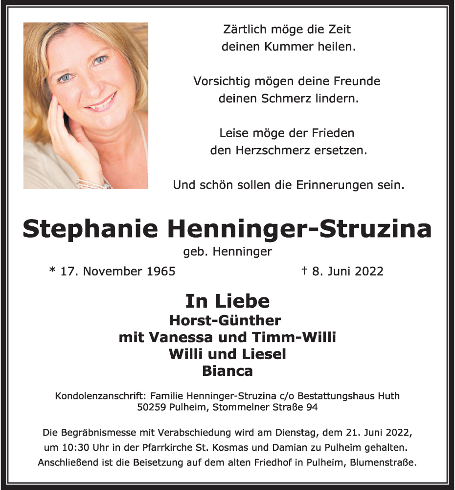  Traueranzeige für Stephanie Henninger-Struzina vom 17.06.2022 aus  Wochenende  Werbepost 