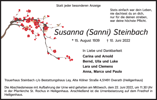 Anzeige von Susanna Steinbach von Kölner Stadt-Anzeiger / Kölnische Rundschau / Express