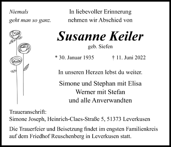 Anzeige von Susanne Keiler von Kölner Stadt-Anzeiger / Kölnische Rundschau / Express