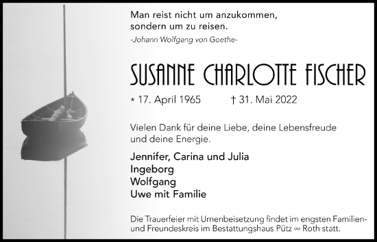 Anzeige von Susanne Charlotte Fischer von  Bergisches Handelsblatt 
