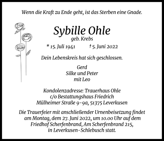Anzeige von Sybille Ohle von Kölner Stadt-Anzeiger / Kölnische Rundschau / Express
