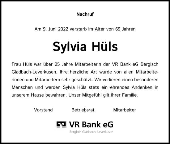 Anzeige von Sylvia Hüls von Kölner Stadt-Anzeiger / Kölnische Rundschau / Express