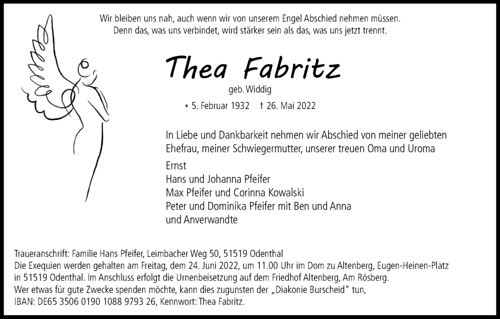  Traueranzeige für Thea Fabritz vom 04.06.2022 aus Kölner Stadt-Anzeiger / Kölnische Rundschau / Express