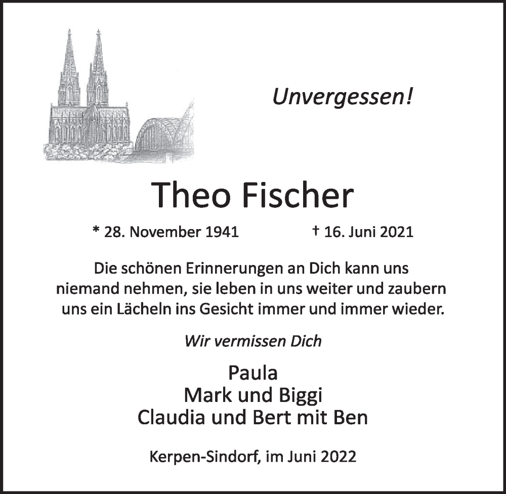  Traueranzeige für Theo Fischer vom 17.06.2022 aus  Wochenende  Werbepost 