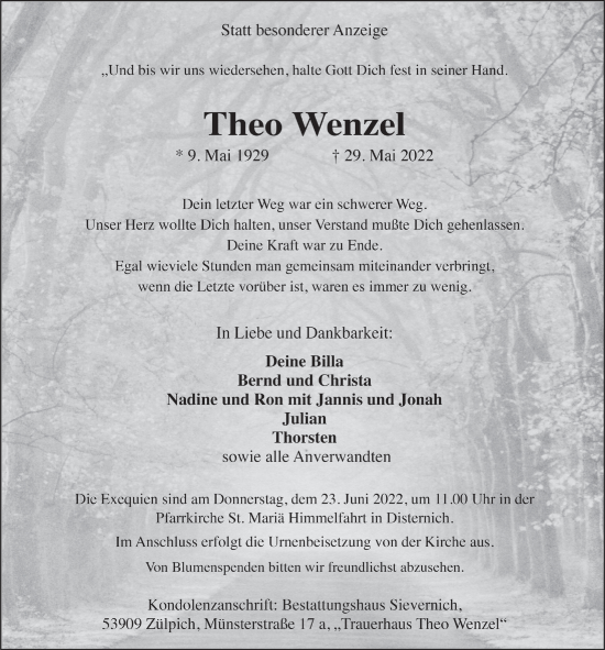 Anzeige von Theo Wenzel von  Blickpunkt Euskirchen 
