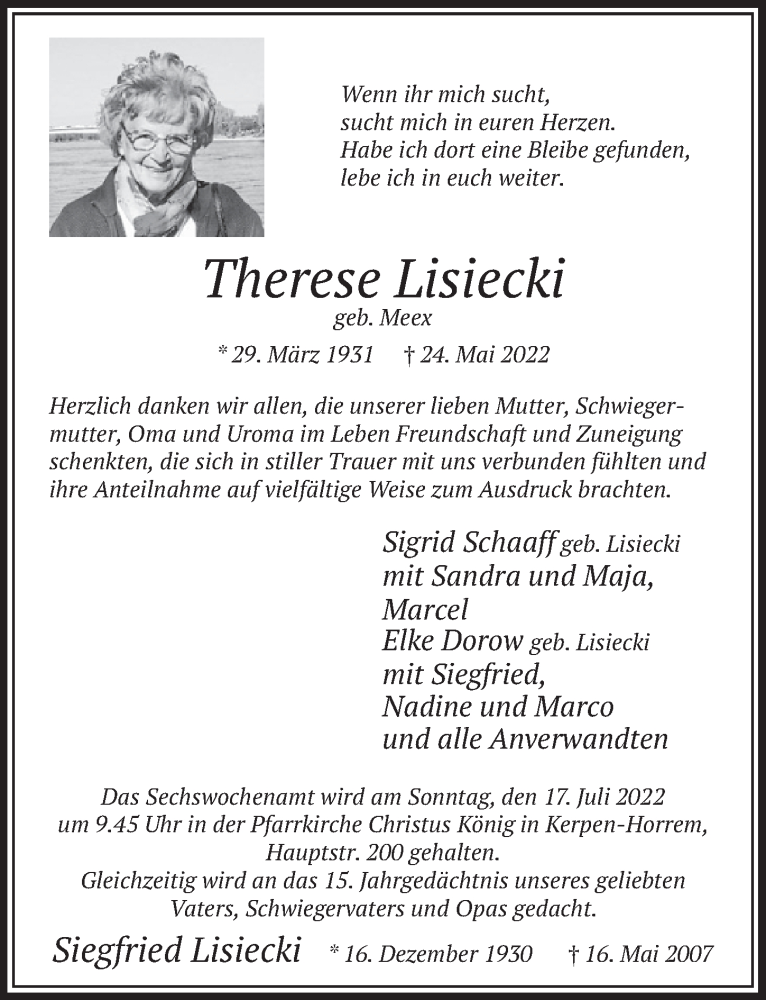  Traueranzeige für Therese Lisiecki vom 01.07.2022 aus  Werbepost 