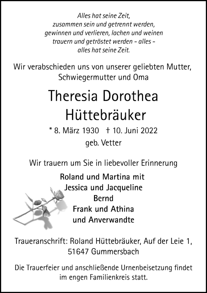  Traueranzeige für Theresia Dorothea Hüttebräuker vom 17.06.2022 aus  Anzeigen Echo 