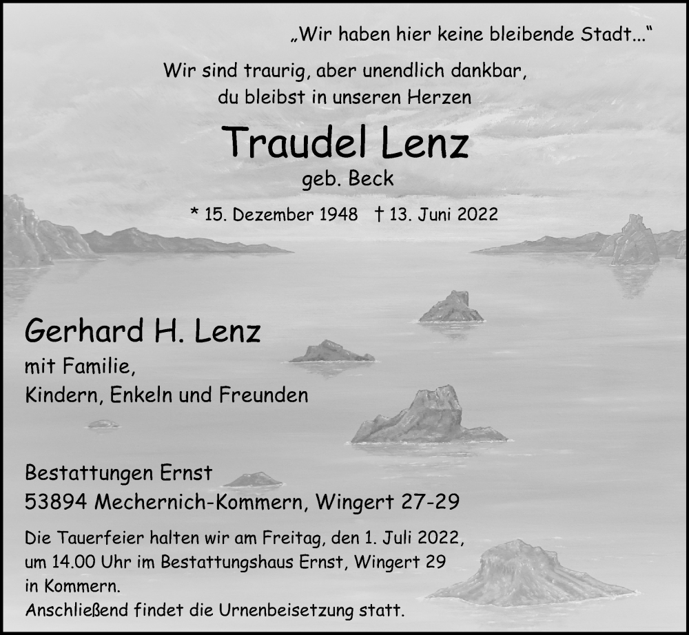  Traueranzeige für Traudel Lenz vom 22.06.2022 aus Kölner Stadt-Anzeiger / Kölnische Rundschau / Express