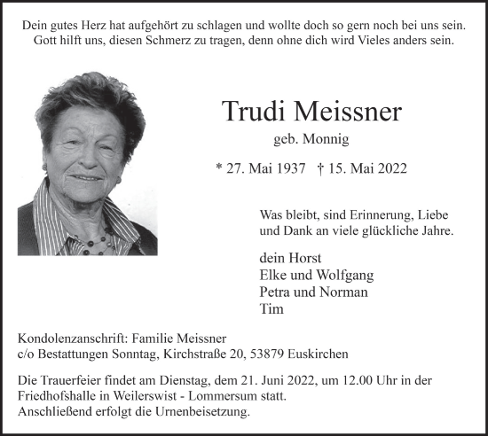 Anzeige von Trudi Meissner von  Blickpunkt Euskirchen 