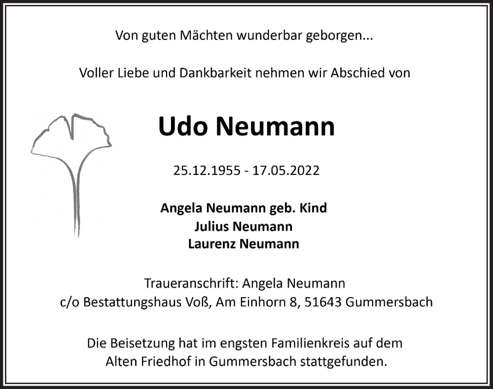  Traueranzeige für Udo Neumann vom 03.06.2022 aus  Anzeigen Echo 