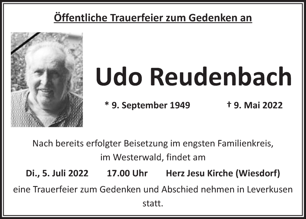  Traueranzeige für Udo Reudenbach vom 24.06.2022 aus  Lokale Informationen 