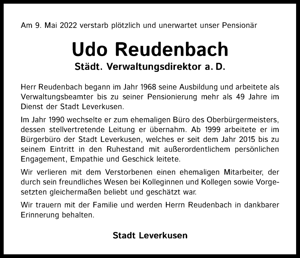  Traueranzeige für Udo Reudenbach vom 04.06.2022 aus Kölner Stadt-Anzeiger / Kölnische Rundschau / Express