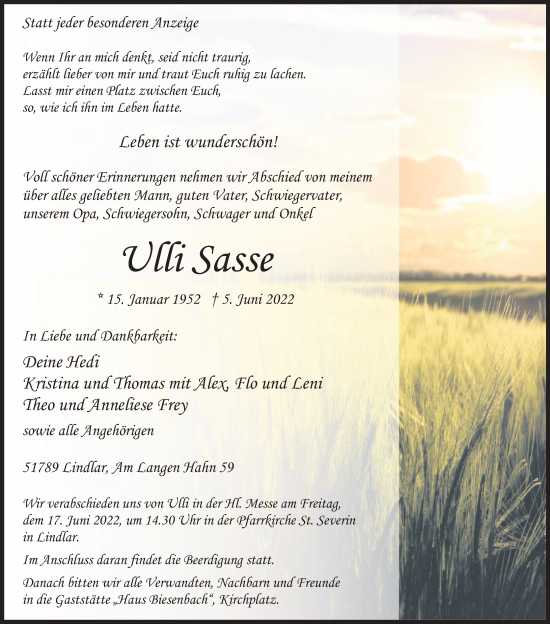 Anzeige von Ulli Sasse von Kölner Stadt-Anzeiger / Kölnische Rundschau / Express