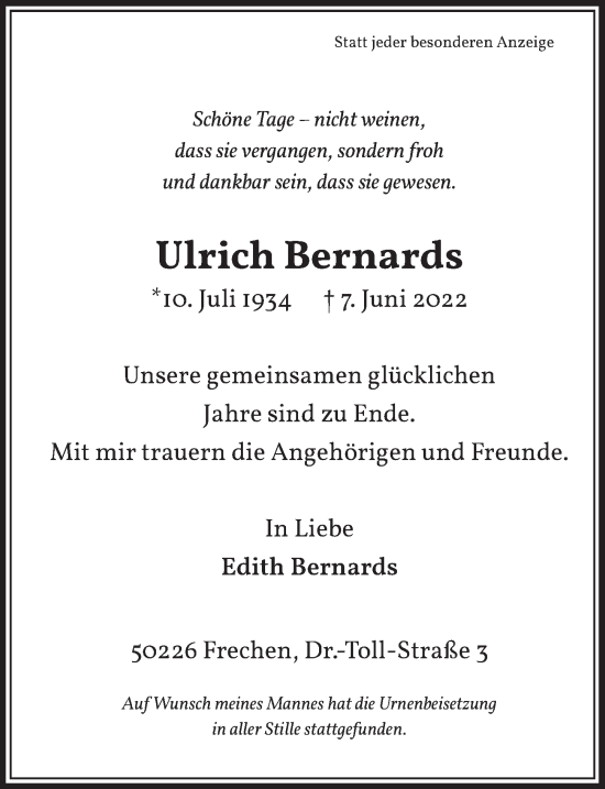 Anzeige von Ulrich Bernards von  Wochenende 