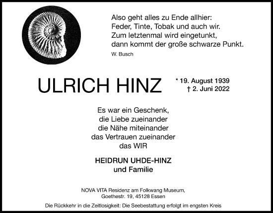 Anzeige von Ulrich Hinz von Kölner Stadt-Anzeiger / Kölnische Rundschau / Express
