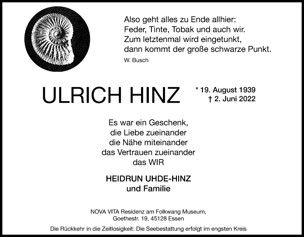  Traueranzeige für Ulrich Hinz vom 18.06.2022 aus Kölner Stadt-Anzeiger / Kölnische Rundschau / Express