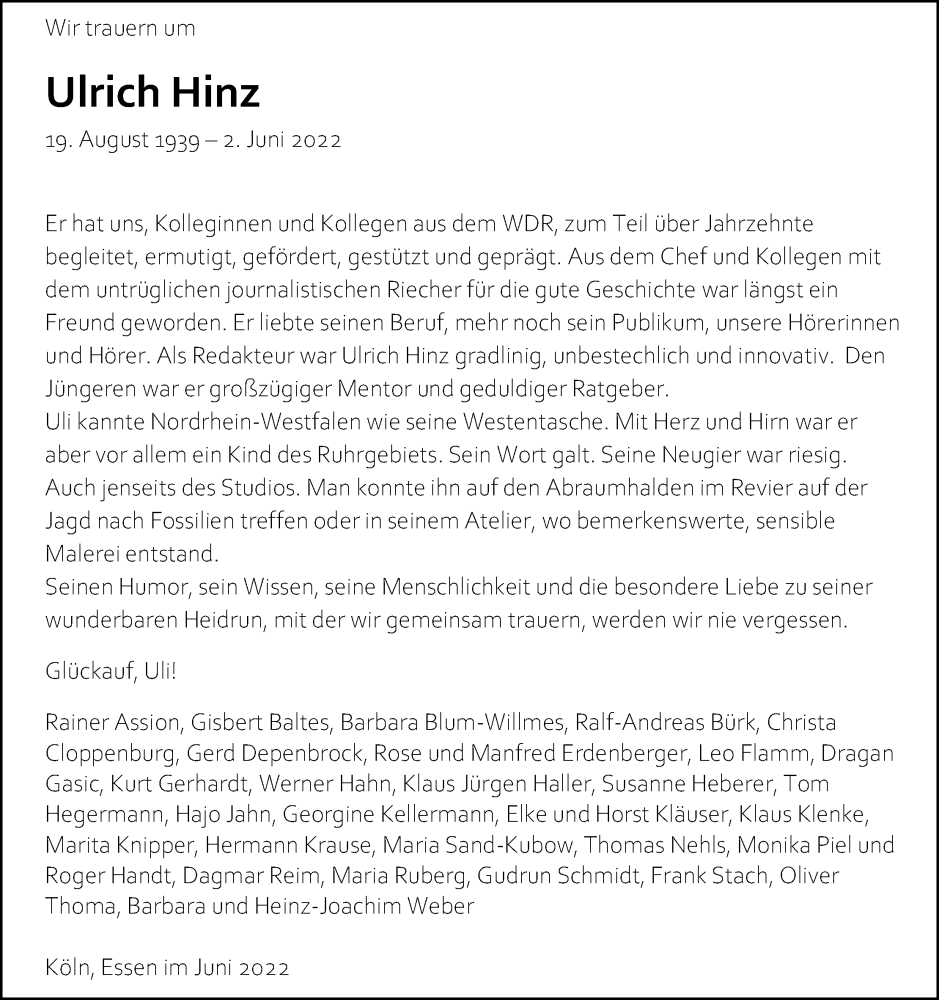  Traueranzeige für Ulrich Hinz vom 18.06.2022 aus Kölner Stadt-Anzeiger / Kölnische Rundschau / Express