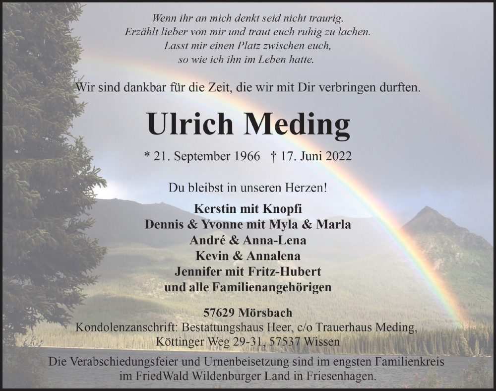  Traueranzeige für Ulrich Meding vom 01.07.2022 aus  Lokalanzeiger 