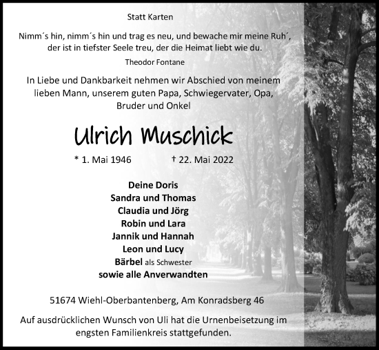 Anzeige von Ulrich Muschick von Kölner Stadt-Anzeiger / Kölnische Rundschau / Express