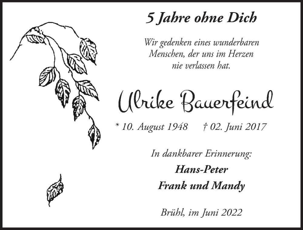  Traueranzeige für Ulrike Bauerfeind vom 03.06.2022 aus  Schlossbote/Werbekurier 