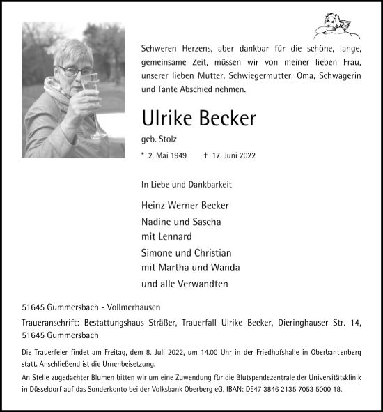 Anzeige von Ulrike Becker von  Anzeigen Echo 