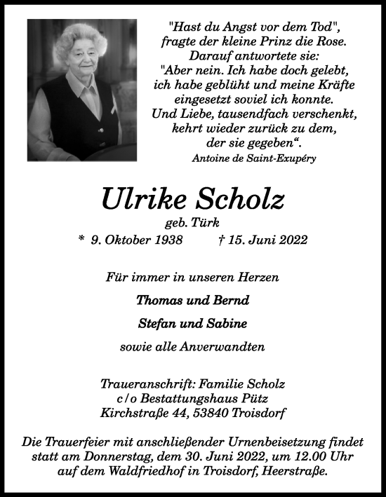 Anzeige von Ulrike Scholz von Kölner Stadt-Anzeiger / Kölnische Rundschau / Express