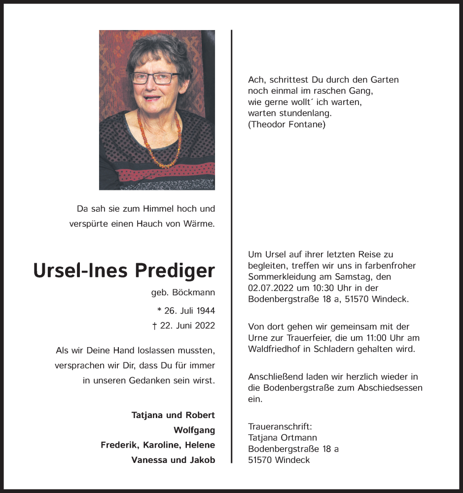  Traueranzeige für Ursel-Ines Prediger vom 29.06.2022 aus Kölner Stadt-Anzeiger / Kölnische Rundschau / Express