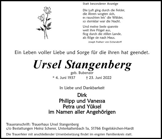 Anzeige von Ursel Stangenberg von  Anzeigen Echo 