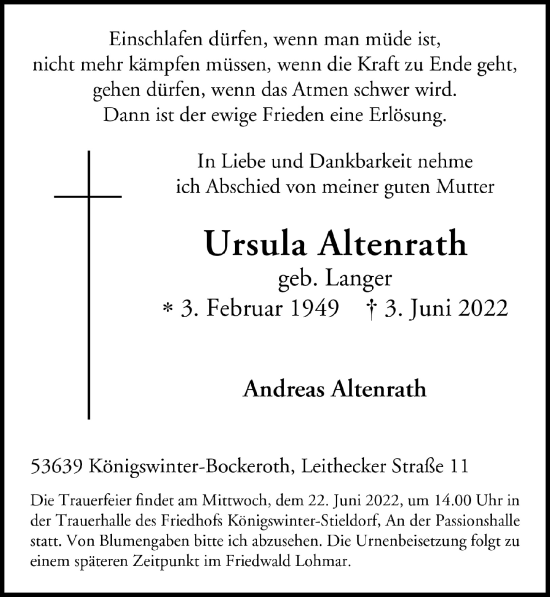 Anzeige von Ursula Altenrath von  Extra Blatt 