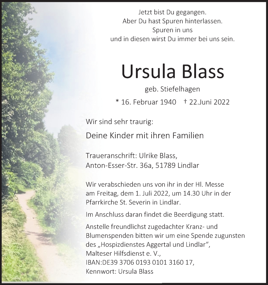  Traueranzeige für Ursula Blass vom 28.06.2022 aus Kölner Stadt-Anzeiger / Kölnische Rundschau / Express