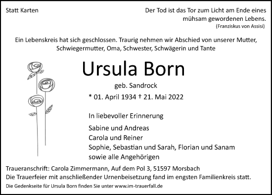 Anzeige von Ursula Born von  Lokalanzeiger 