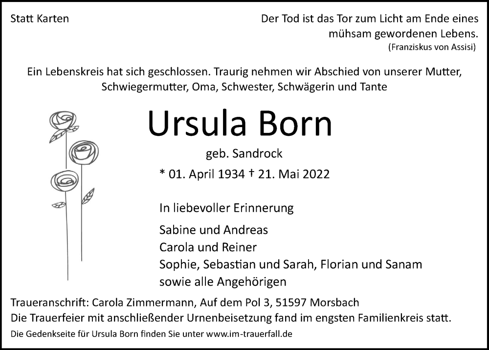  Traueranzeige für Ursula Born vom 03.06.2022 aus  Lokalanzeiger 