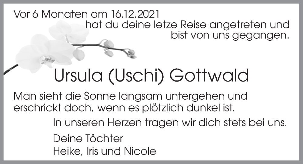  Traueranzeige für Ursula Gottwald vom 17.06.2022 aus  Lokalanzeiger 