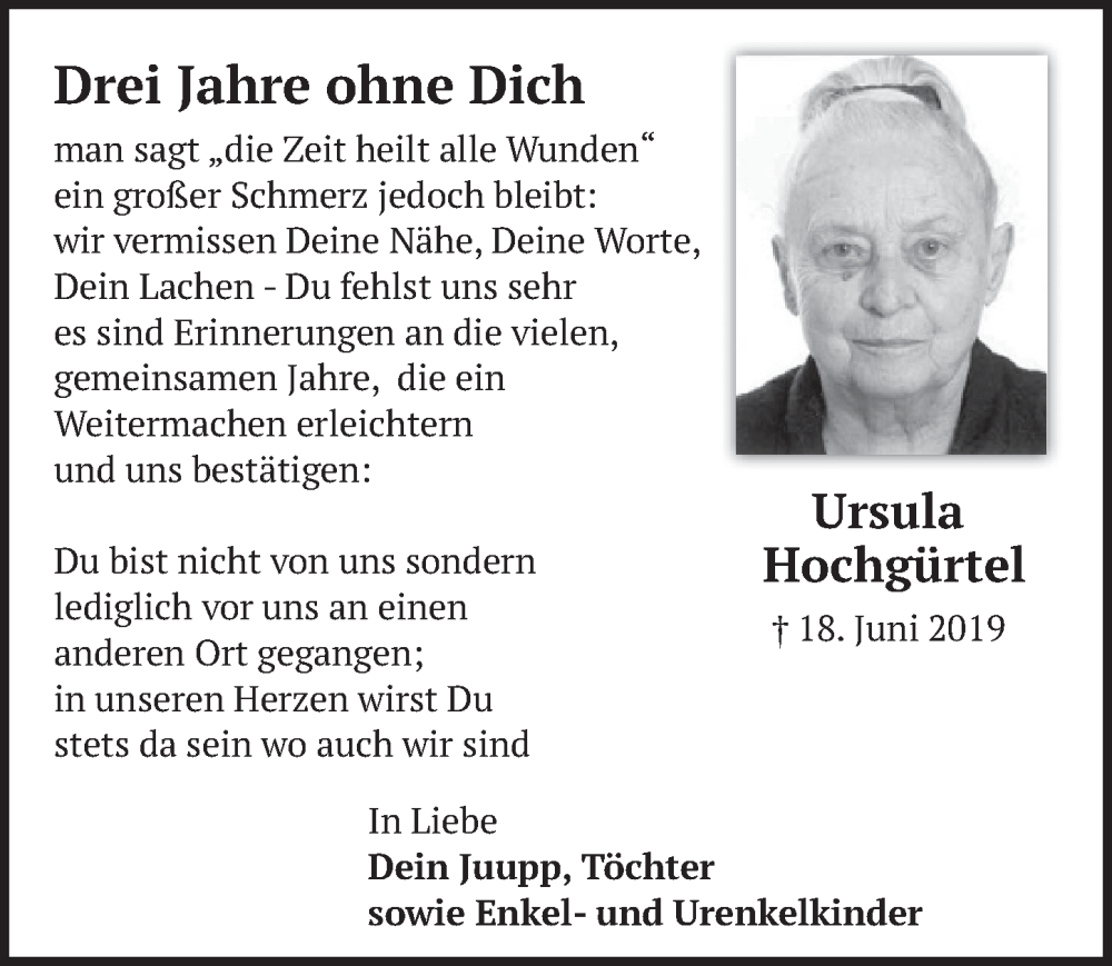  Traueranzeige für Ursula Hochgürtel vom 17.06.2022 aus  Werbepost 