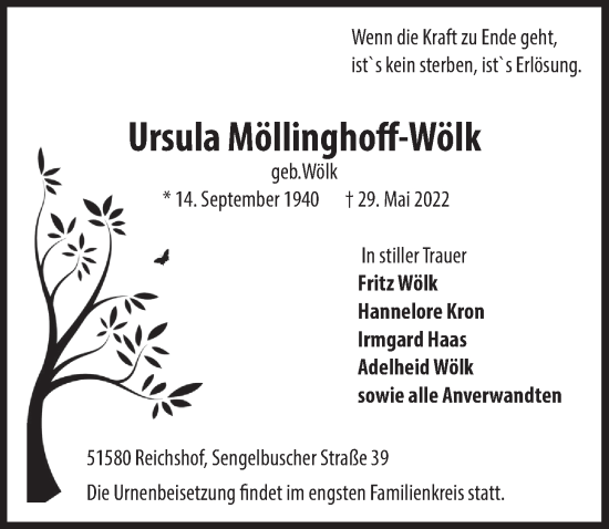 Anzeige von Ursula Möllinghoff-Wölk von  Lokalanzeiger 