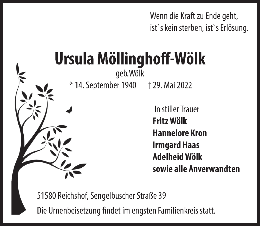  Traueranzeige für Ursula Möllinghoff-Wölk vom 10.06.2022 aus  Lokalanzeiger 
