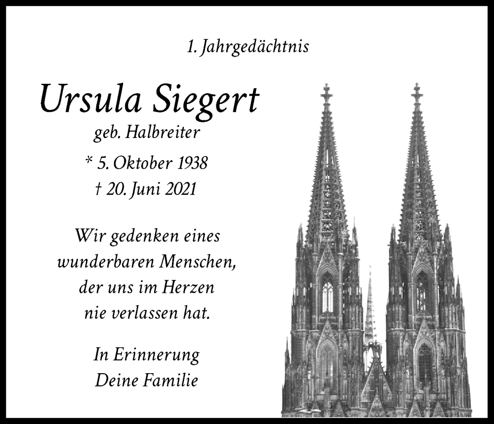  Traueranzeige für Ursula Siegert vom 18.06.2022 aus Kölner Stadt-Anzeiger / Kölnische Rundschau / Express