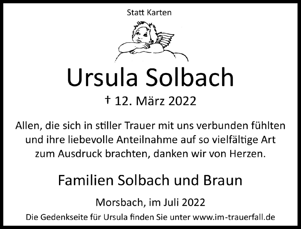  Traueranzeige für Ursula Solbach vom 01.07.2022 aus  Lokalanzeiger 