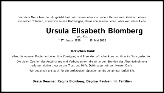 Anzeige von Ursula Elisabeth Blomberg von Kölner Stadt-Anzeiger / Kölnische Rundschau / Express