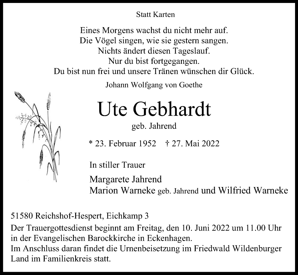  Traueranzeige für Ute Gebhardt vom 08.06.2022 aus Kölner Stadt-Anzeiger / Kölnische Rundschau / Express