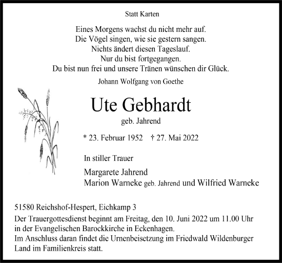 Anzeige von Ute Gebhardt von  Anzeigen Echo 