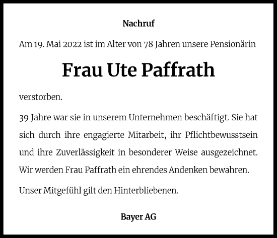 Anzeige von Ute Paffrath von Kölner Stadt-Anzeiger / Kölnische Rundschau / Express