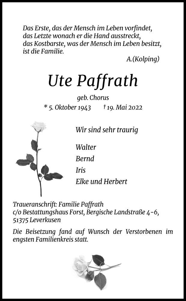  Traueranzeige für Ute Paffrath vom 11.06.2022 aus Kölner Stadt-Anzeiger / Kölnische Rundschau / Express