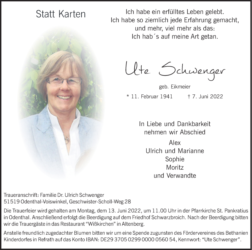  Traueranzeige für Ute Schwenger vom 11.06.2022 aus Kölner Stadt-Anzeiger / Kölnische Rundschau / Express