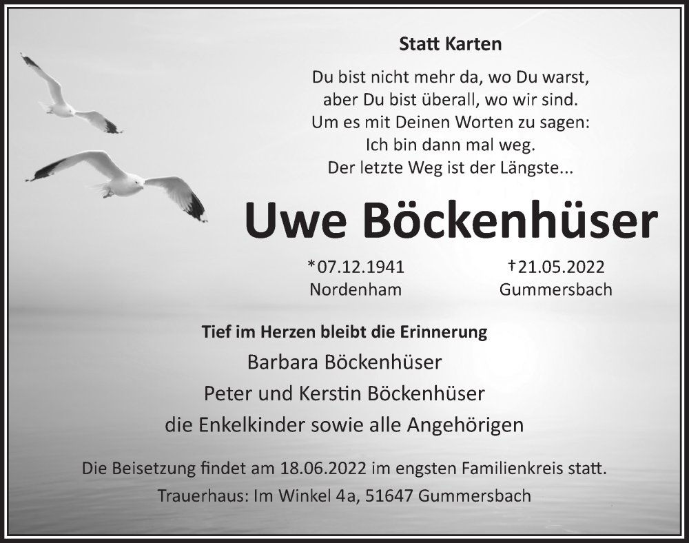  Traueranzeige für Uwe Böckenhüser vom 03.06.2022 aus  Anzeigen Echo 