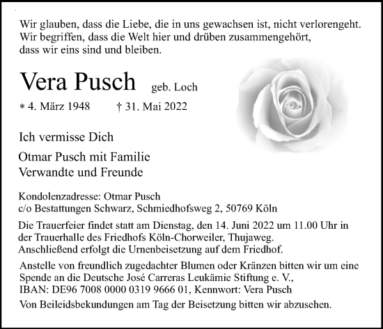 Anzeige von Vera Pusch von Kölner Stadt-Anzeiger / Kölnische Rundschau / Express