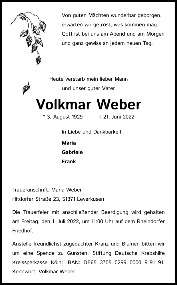  Traueranzeige für Volkmar Weber vom 25.06.2022 aus Kölner Stadt-Anzeiger / Kölnische Rundschau / Express