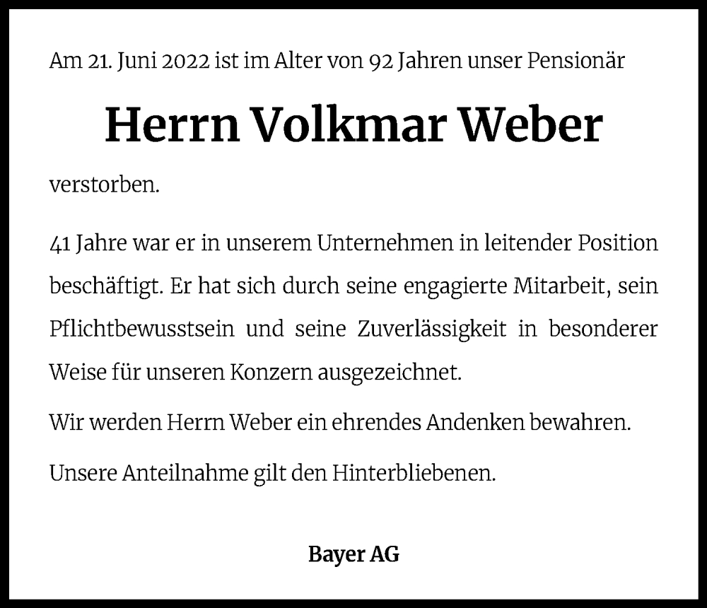  Traueranzeige für Volkmar Weber vom 25.06.2022 aus Kölner Stadt-Anzeiger / Kölnische Rundschau / Express